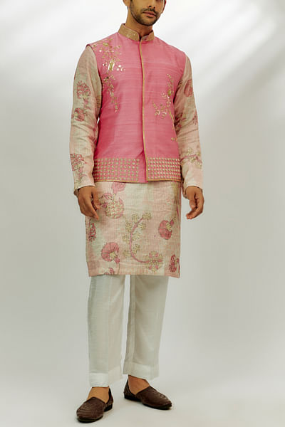 Pastel pink floral embroidery bandi kurta set