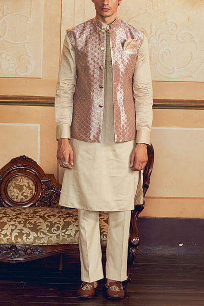 Pastel purple geometric jacquard bandi kurta set