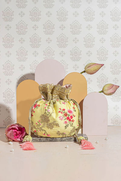 Pastel yellow floral embroidery potli bag