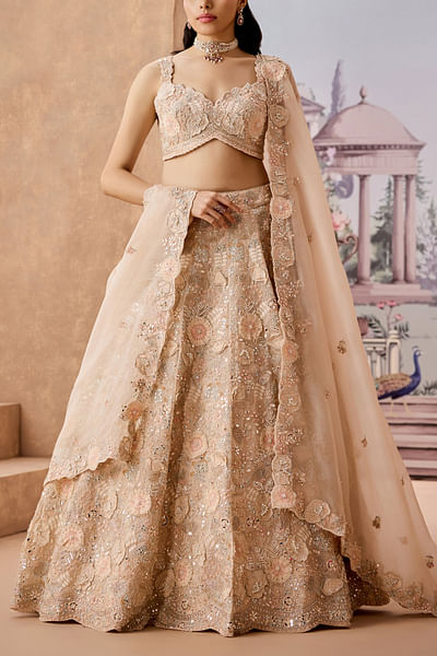 Peach 3D floral embroidered lehenga set