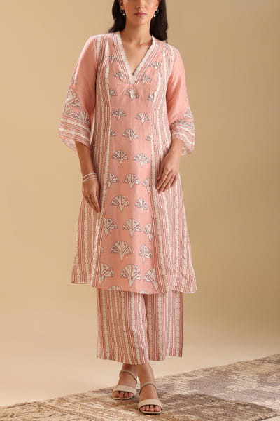 Peach abstract floral print kurta set