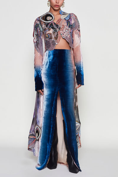 Peach and blue appliqued jacket and skirt set