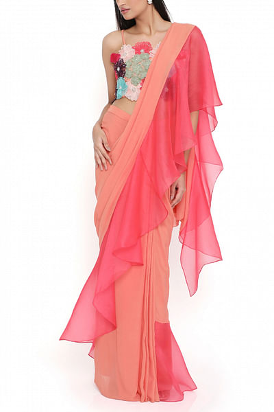 Peach and coral pre-draped sari set