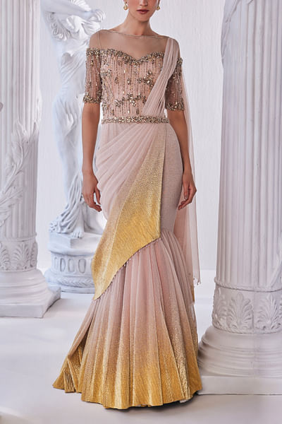 Peach and gold embellished draped sari gown