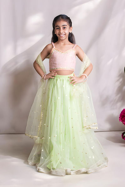 Peach and green brocade choli lehenga set