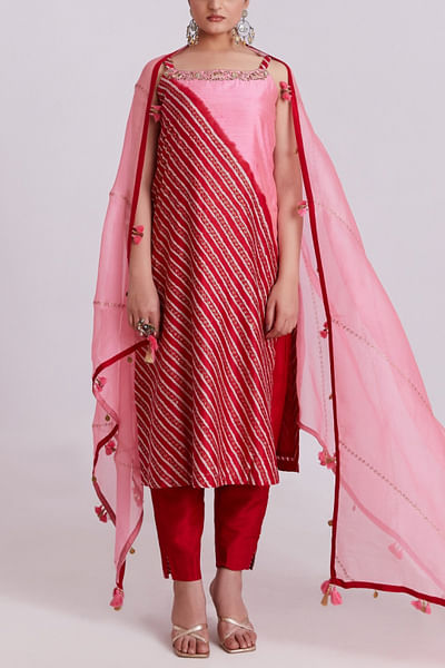 Peach and red diagonal striped kurta set