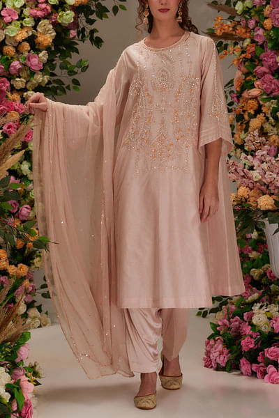 Peach and white sequin embellished kurta set