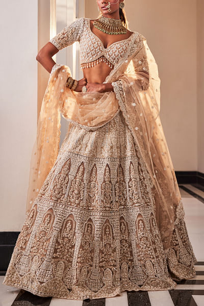 Peach architecture embroidered lehenga set