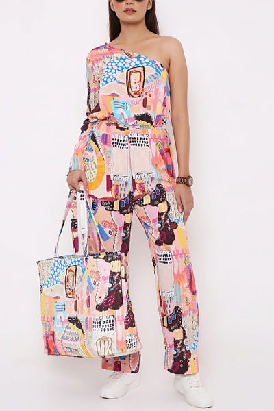 Peach artsy printed one-shoulder jumpsuit
