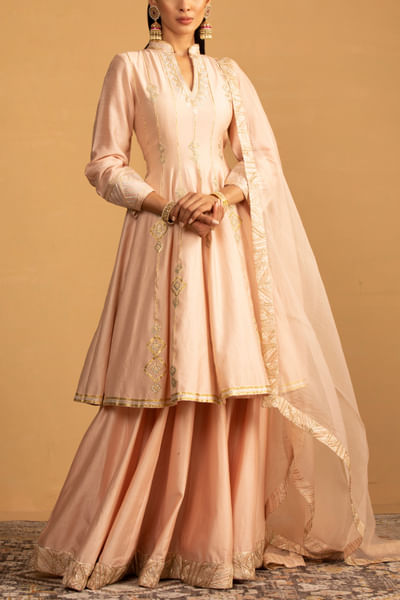Peach blue gota work anarkali and lehenga set