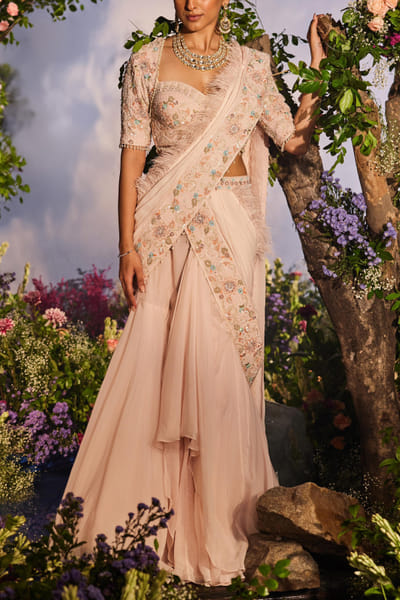 Miku Kumar Peach corset blouse and sari set MKUOCT24D115