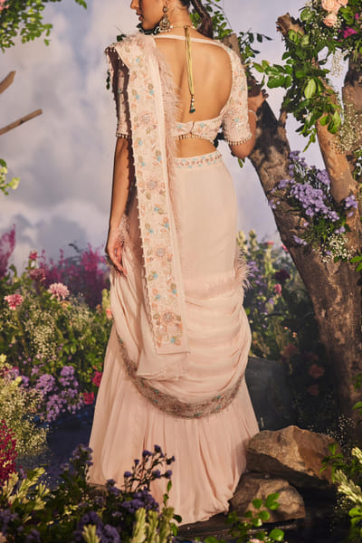 Miku Kumar Peach corset blouse and sari set MKUOCT24D115