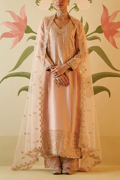 Peach dabka embroidery choga set