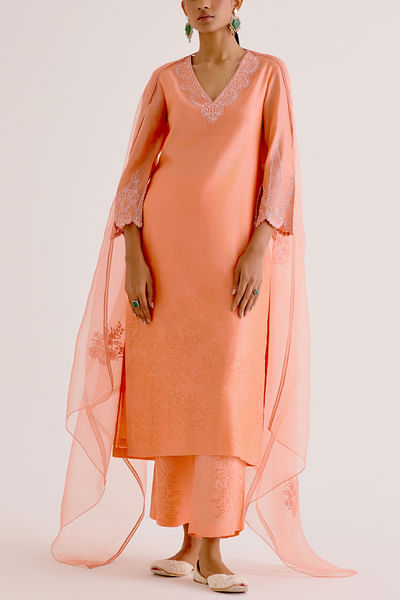 Peach dori embroidered block print kurta set