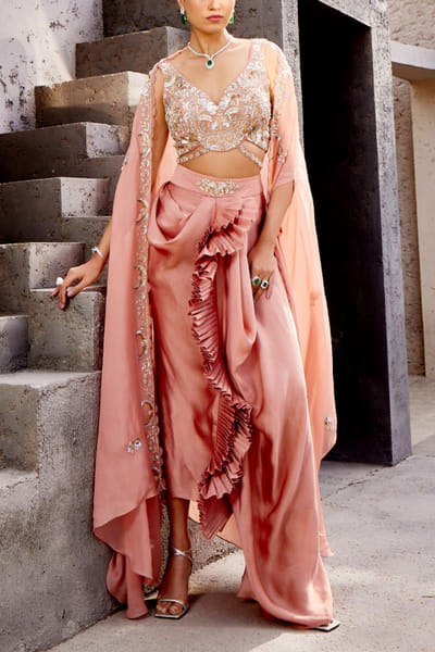 Miku Kumar Peach draped skirt set MKUJAN24D217