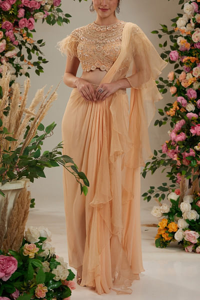 Peach embellished ruffle pre-drape sari set
