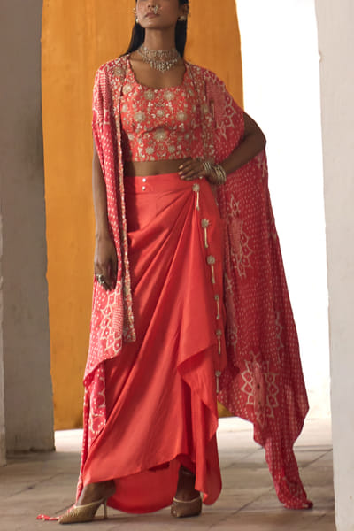 Peach embroidered cape and skirt set