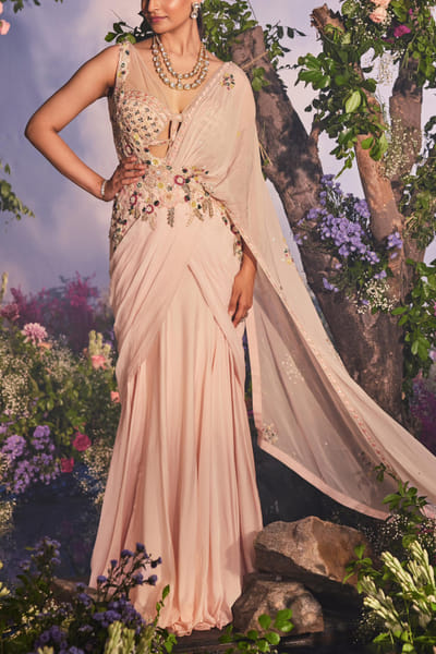 Miku Kumar Peach embroidered drape sari set MKUOCT24D114