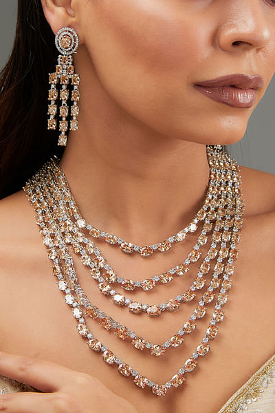 Peach faux diamond layered long necklace set