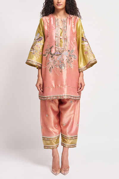 Peach floral embroidered kurta set
