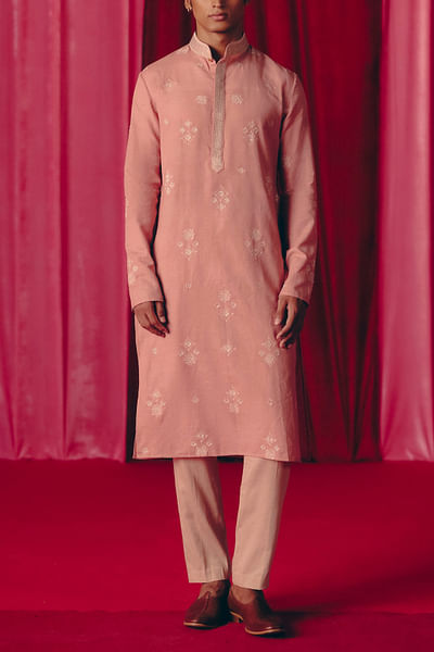 Peach floral embroidered kurta set