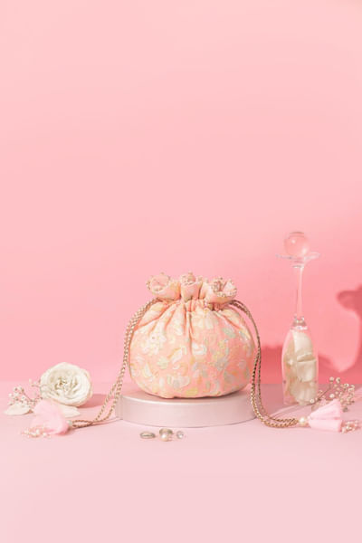 Peach floral embroidered potli bag