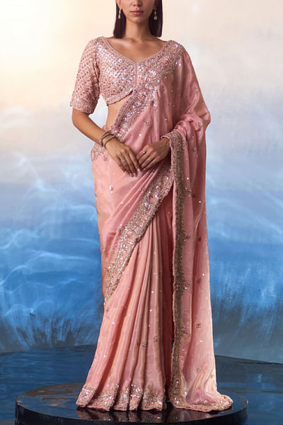 Peach floral embroidered sari set
