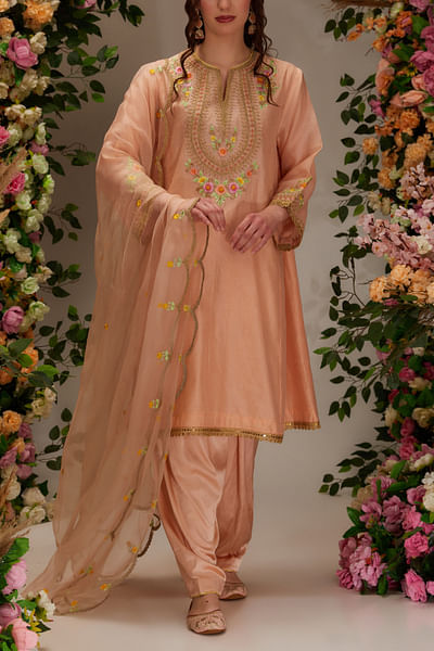 Peach floral embroidery kalidar kurta set