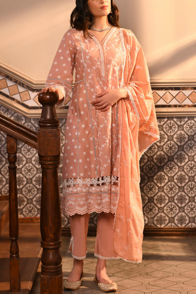 Peach floral embroidery kurta set
