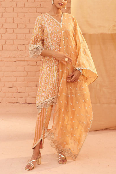 Peach floral embroidery kurta set