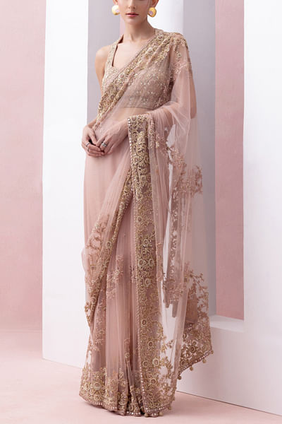 Peach floral embroidery pre-stitched sari set