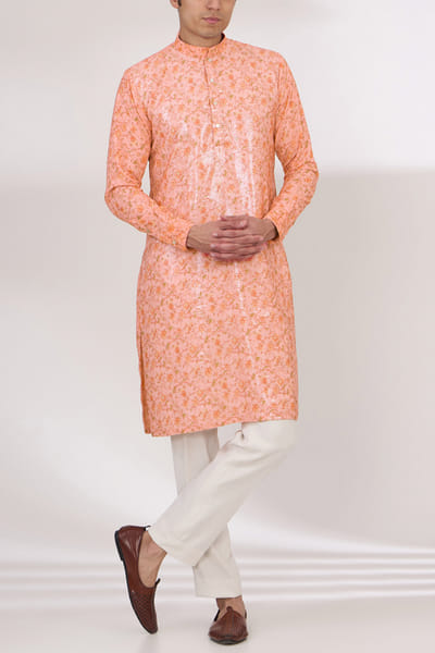 Peach floral print sequinned kurta set