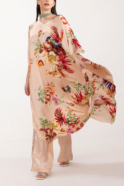 Peach floral printed draped dress