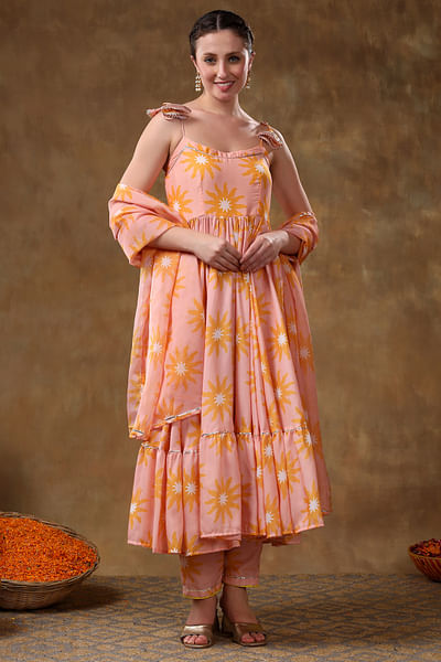 Peach floral printed frilled anarkali set