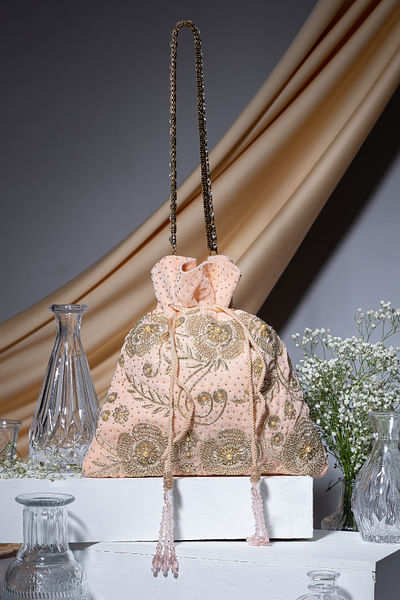Peach floral zardozi embroidered potli bag