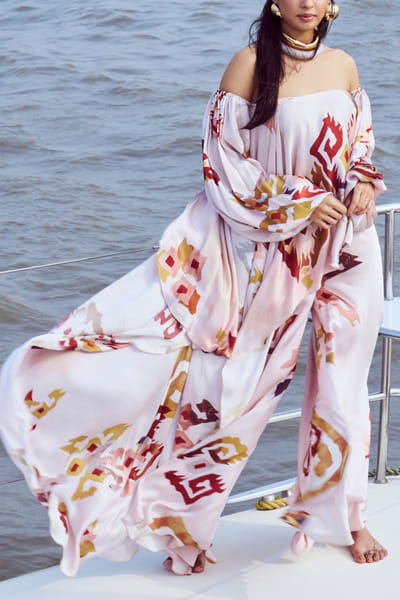 Peach fuzz artsy print flared pants