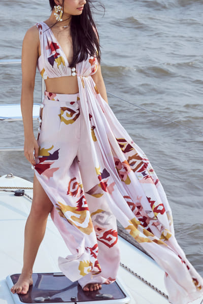 Peach fuzz artsy print high-waist slit pants