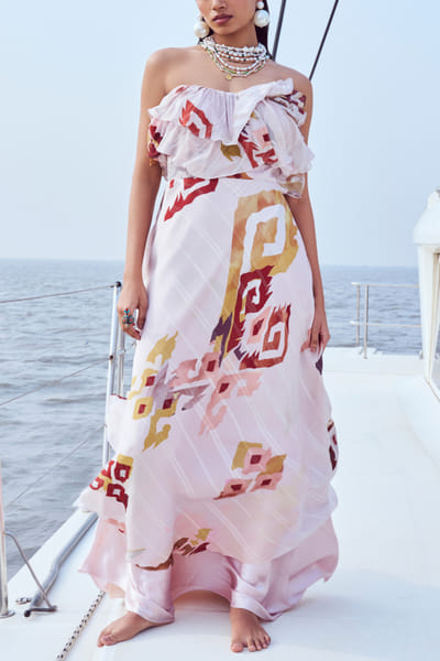 Peach fuzz artsy print strapless maxi dress