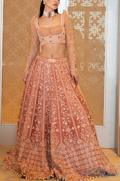 Peach fuzz floral embroidered lehenga set
