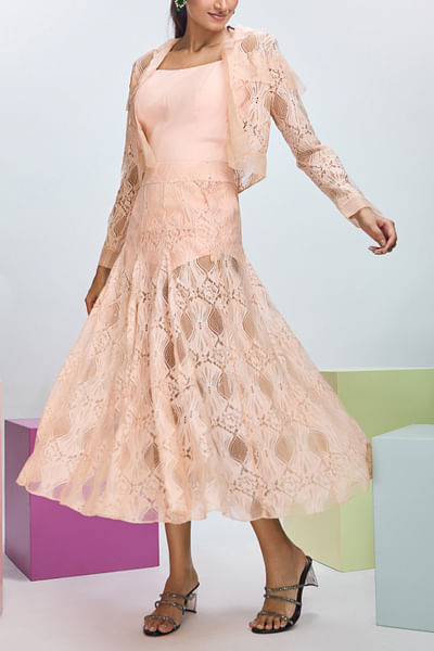 Peach fuzz floral lace jacket and skirt set