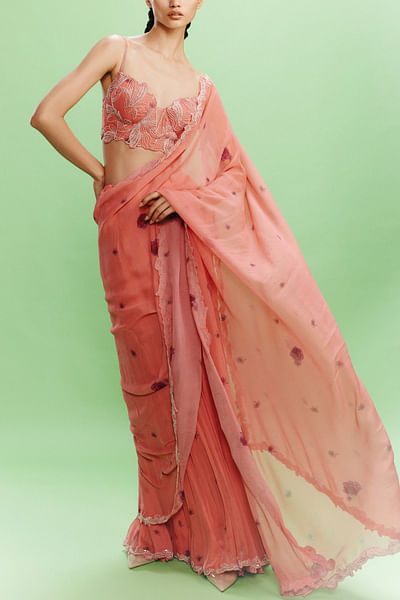 Peach fuzz floral printed embellished sari set
