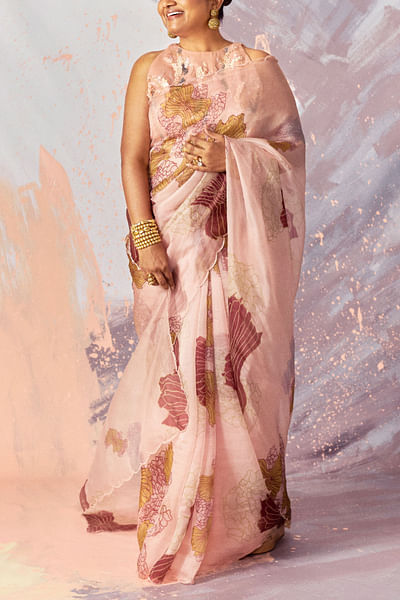 Peach fuzz floral printed sari set