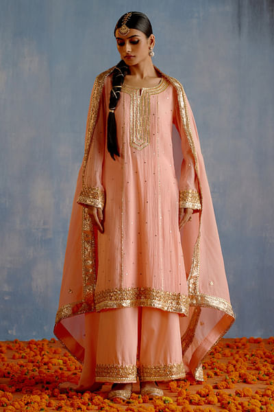 Peach gota and mukaish work anarkali set