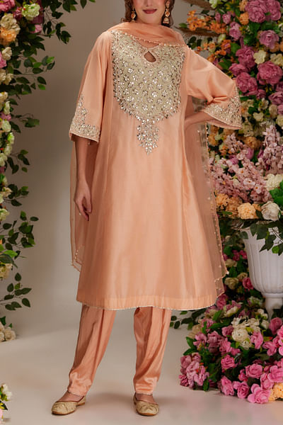 Peach gota embellished long kalidar kurta set