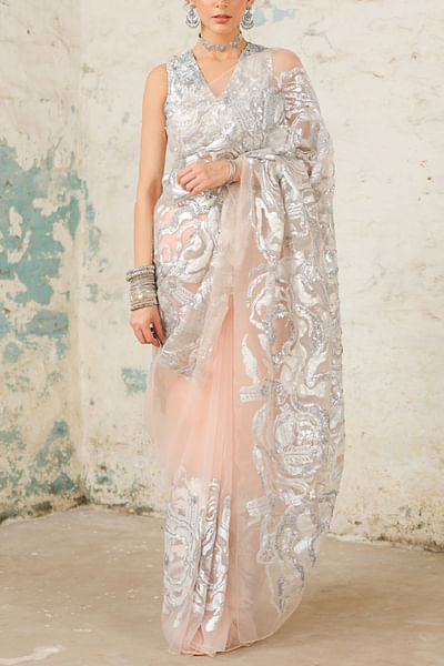 Peach metallic appliqued sari set