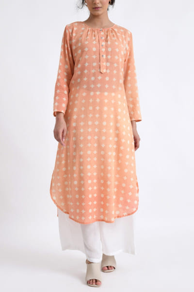 Peach orange geometric block printed kurta set