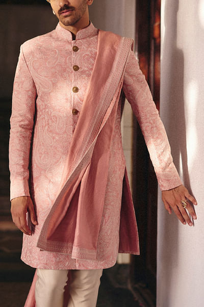 Peach paisley and floral embroidery sherwani set