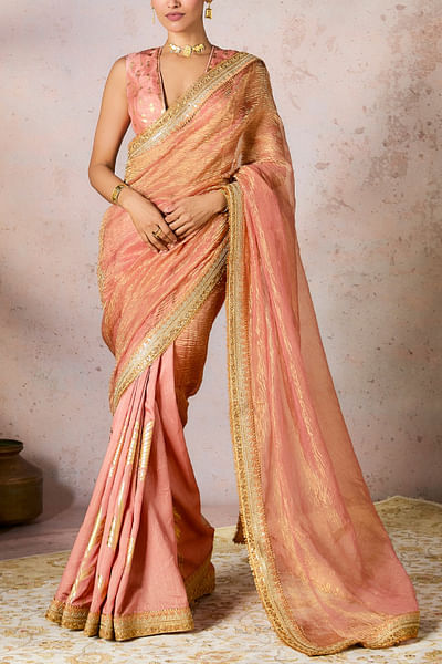 Peach palm tree foil print sari set