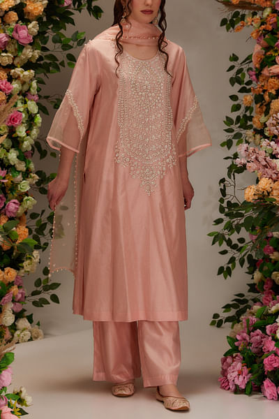 Peach pearl and sequin embellished kurta set