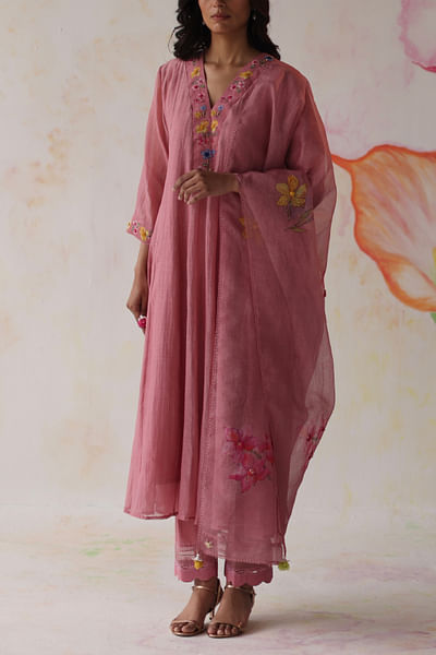 Peach pink floral embroidered kurta set